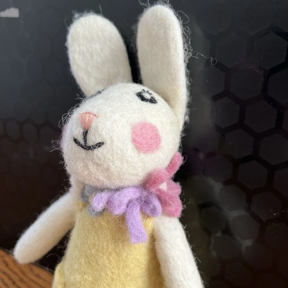 Artist Handmade Needle Felted Bunny Rabbit Girl Yellow Dress Flowers Easter Gift